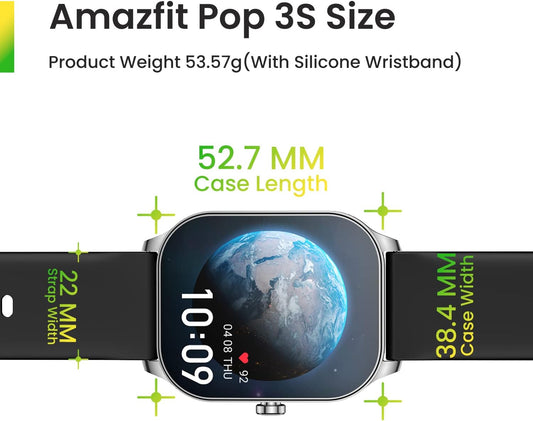 Amazfit Pop 3S Bluetooth Calling Smartwatch with 1.96” AMOLED Display, 100+ Sports Modes, 24/7 Heart Rate & SpO₂ Monitoring, IP68 Water Resistant, Voice Assistant Support